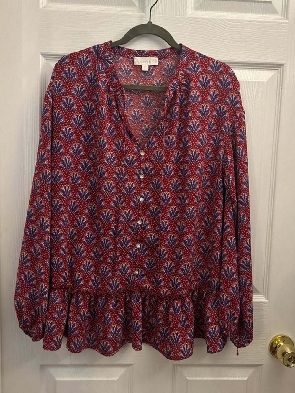 Weekend by Suzanne Betro XL Red & Blue Boho Floral Tiered Blouse